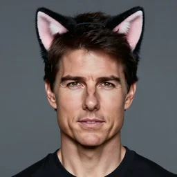 sharply defined front on portrait of tom cruise wearing cat ears headband, highly detailed by peter mohrbacher, hajime sorayama,
