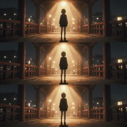 3 panel scene, anime girl with a backpack stands under a bridge in japan - dramatic cozy arts by wlop and okuda genso. wide angle lens. featured on pixiv, anime aesthetic. pixiv, warm aesthetic, rays of light, volumetric light, artstation, vanitas, official art, gothic, noise film photo. octane render, redshift render, ue 4