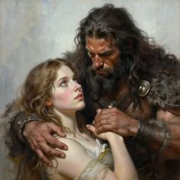 barbarian protecting woman, fantasy painting by boris vallejo and julie bell, perfect eyes, highly detailed,