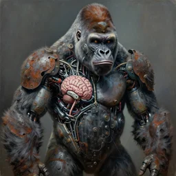 cyborg gorilla with exposed brain, cybertronic gadgets, dirty colours, rotten textures, rusty shapes, biotechnology, bao pnan, tim hildebrandt, wayne barlow, bruce, donato giancola, larry elmore, oil on canvas, denoise, masterpiece, featured on pixiv, cinematic composition, hyper - detailed