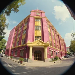 urban technical university campus, street view up, fish eye lens, studio ghibli, rossdraws, denys cowan, epic composition, realistic, hd, pink and maroon and gold and varsity yellow color palette, ismail inceoglu, square enix,