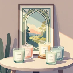pastel illustration with a set of beautiful scented candles on the table, an art deco painting by tom whalen, cozy interior, trending on behance, grainy texture, flat shading, vector art, airbrush, pastel, watercolor, poster