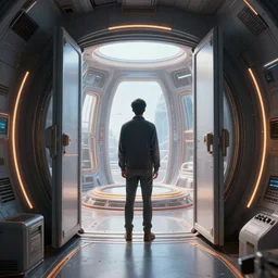inside of a time machine, lookingthrough the open doors into the future. vray, ultra realistic, octane render, 8K.