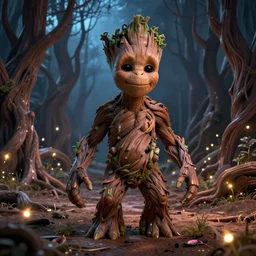 a stunning ultra detailed fantasy fine art photo of a smirking groot in a barren sinuous forest surrounded by fireflies, by tomasz alen kopera and anna dittman, night, very detailed, deep depth of field, 3 5 mm lens, soft lighting, artstation, highly coherent, 8 k