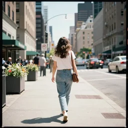 a woman walking away from camera in nyc on bright sunny day, photo with lomography color negative 1 0 0