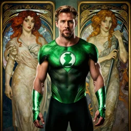 ryan gosling green lantern slim bodybuilder in the style of greg rutkowski and alphonse mucha and artgerm xf iq 4, 1 5 0 mp, 5 0 mm, f 1. 4, iso 2 0 0, 1 / 1 6 0 s, natural light, adobe photoshop, adobe lightroom, photolab, affinity photo, photodirector 3 6 5, scary atmospheric lighting