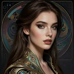 beautiful brunette young woman's face, intricate, synth-wave, retrowave,  highly-detailed, elegant, dramatic lighting, gorgeous face, lifelike, photorealistic face, long luxurious intricate gown, digital painting, artstation,  illustration, concept art, smooth, sharp focus, art by Craig Russel, Barry Smith, artgerm, and Albert Aublet and Krenz Cushart and Artem Demura and Alphonse Mucha
