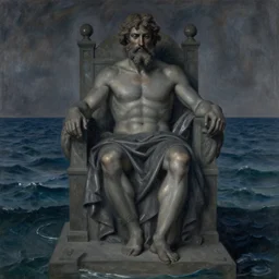 by bill henson, by pierre - auguste renoir dark exciting. a mixed mediart of a mythological scene. large, bearded man seated on a throne, surrounded by sea creatures. he has a trident in one hand & a shield in the other. behind him is a large fish. in front of him are two smaller creatures.