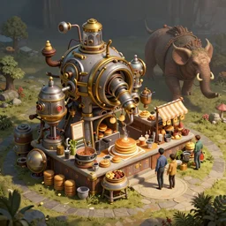 an intricate concept art, illustration, fantasy micro - world of a food pancake stall, mechanical cooking tools, megafauna, ultra photorealistic, ultra sharp, pinterest, artstation, cgsociety, pinterest, digital art, anime colors, style by wlop, hyperrealistic, octane render, 8 k