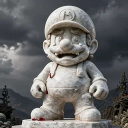 marble statue of wario, crying tears of blood