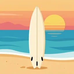 a surfboard on the beach, ocean in the background. sunset, kurzgesagt style. colorful vector art, material design