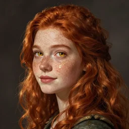 a profile picture of a sweet redheaded halfling young woman with freckles like brass scales, wavy shoulder-length hair, gold eyes, headshot, dungeons and dragons, digital art, D&D, artstation