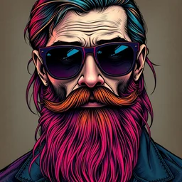 detailed hipster skinny man with sunglasses, long vibrant colored beard, dmt, by james gurney + intricate and vibrant work + portrait + trending on artstation + incredible gothic illustration + exquisite detail