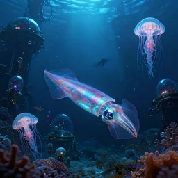 bioluminescent cyberpunk squid, angler fish, jellyfish, deep sea diver, extreme light, distant cyberpunk atlantis, organic, bio domes, coral, deep ocean, robotic, mariana trench midnight zone, bubbles, hyper realistic, hyper detailed, digital art, trending in artstation, studio quality, photorealistic, photo, by jesper ejsing, wlop, paul lehr