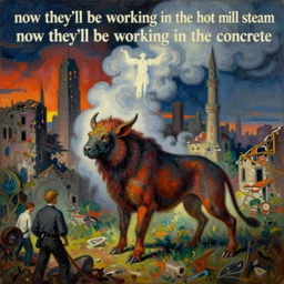 bright dramatic lighting colorful surrealist symbolist oil painting titled'now they'll be working in the hot mill steam now they'll be working in the concrete ', magical realism symbolist, ruined city landscape with hybrid animal protagonist, painted by arnold bocklin and odilon redon and max ernst, shocking detail trending on artstation 8 k