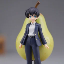 the most beautiful anime figurine of a beautiful pear, casual elegant suit, blue moe eyes, angelic detail