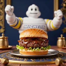 portrait of a michelin - star perfect greasy burger on an amazingly decorated table, professional food photography, captivating, rule of thirds, majestic, octane render, 1 0 mm lens