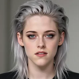 Anime portrait of Kristen Stewart with silver hair, detailed, photorealistic digital art