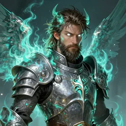 A Human Male Paladin, highly detailed face, glowing white eyes, shaggy hair, scruffy brown beard, Teal flames surrounding, medium armor, wings, fantasy, intricate, elegant, highly detailed, digital painting, artstation, concept art, smooth, sharp focus, illustration, art by Larry Elmore and Jeff Easley and Clyde Caldwell