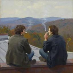 two people smoking cigarettes on a rooftop, looking over west virginia, original oil on canvas painting by sydney mount