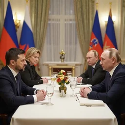 zelensky and vladimir putin dinner, 8 k, hdr, great light, by greg rutkowski and annie leibowitz