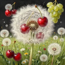 cherries & grapes exploding in dandelion field, intricate, elegant, highly detailed, digital painting, artstation, concept art, smooth, sharp focus, illustration, by anato finnstark, boissb - blanca. j, cindy avelino, clint cearley, anna podedworna