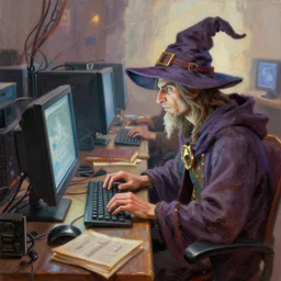 fantasy oil painting, wizard sitting at his computer, as a mtg character, typing on a keyboard, gaming pcs, at a lan party, wrinkled wizard hat, books, crt, hardware, wires, extremely detailed, digital illustration, concept art, readability, impasto, sharp focus, bright