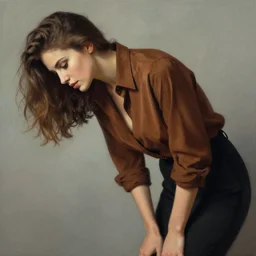 woman wearing a brown blouse and bending over, in the style of ilya kuvshinov, sexy