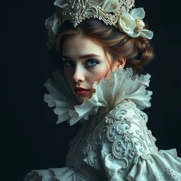 a studio shoot portrait of beautiful female model by irakli nadar with intricate detailed wearing victorian dress designed by alexander mcqueen and rocky gathercole, haunting, elite, elegant, ruan jia, dark, hyper detailed, concept art, by gustav klimt,