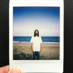 jesus christ at the beach posing for a polaroid