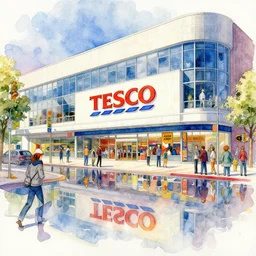 a beautiful insanely intricate watercolor illustration of modern tesco, reflexions, colorfull, by william turner art, by greg rutkowski, by james jean, by rossdraws, by frank franzzeta, by sakimichan, by edmund dulac, by wlop, trending on artstation, insanely detailed, masterpiece,