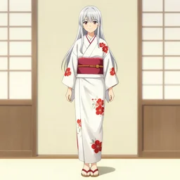 beautiful thin girl, silver hair, white kimono with red flower patterns, full body shot, ilustration by Takehiko Inoue ((and Krenz Cushart))