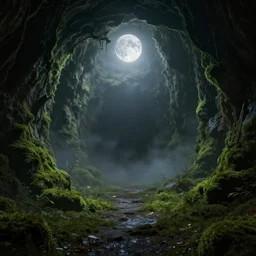 a mossy dungeon, moonlight piecing through the mist, octane 2. 0 render, photo, hyperrealist, unreal engine, cryo engine, symmetrical