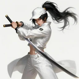a highly detailed illustration of fierce messy ponytail black haired one armed delinquent japanese woman wearing white cap wearing long white jacket, dramatic wielding katana pose, muscular, intricate, elegant, highly detailed, centered, digital painting, artstation, concept art, smooth, sharp focus, league of legends concept art, wlop.
