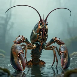 an aldani looks like a giant lobster that walks upright. its face is mostly encased in armor, looking almost humanoid except for its long eyestalks. despite their frightful appearance, aldani avoid conflict. reclusive and xenophobic, they hide in their lakes and rivers