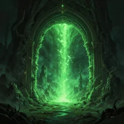 a scary portal glowing green portal to another world in darwin's arch in the galapagos islands, elden ring landscape, d & d, fantasy, intricate, elegant, highly detailed, digital painting, artstation, concept art, matte, sharp focus, illustration, art by hayao miyazaki