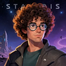 Stellaris leader with curly hair and round glasses, Paradox games, concept art, by Christopher Balaskas and artgerm, vibrant, digital art, landscape, sci-fi, space