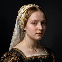 portrait of young woman in renaissance dress and renaissance headdress, art by jan van eyck