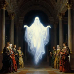 a glowing sheeted ghost floats in massive mystical classical halls. night time. renaissance masterpiece. highly detailed fantasy painting by norman rockwell, frank frazetta, johfra bosschart, and syd mead. rich colors, high contrast, dark background. artstation