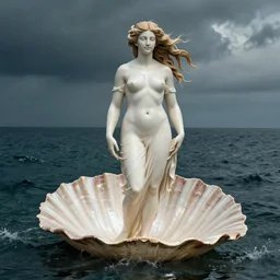 The print depicts the moment when the goddess Venus is born from the sea. She is shown standing on a giant clam shell, with her long, flowing hair blowing in the wind. The print is full of light and color, and Venus looks like she is about to step into a beautiful, bright future. renaissance painting by Wayne Barlowe gloomy