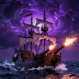 purple color lighting storm with stormy sea, pirate ship pirate ship pirate ship firing its cannons trippy nebula sky 50mm shot fear and loathing movie