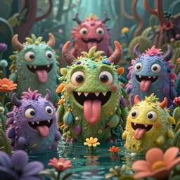 intricate colourful murky nature with strange cute friendly happy crazy monsters with huge beauty cute eyes long tongue triangle teeth and cute face appearing from the flowers in water, in the style of craola, shallow depth of field, highly detailed, digital painting, trending artstation, concept art, illustration, cinematic lighting, vibrant colors, photorealism, epic, octane render