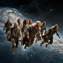 ancient humans flying across space in ancient clothes, extremely detailed, ultra wide angle, cinematic still, directed by Quintin Tarantino