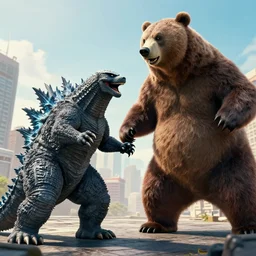 a giant angry bear fighting with giant godzilla in the city, photomanipulation, photoshop, digital art, movie poster that says bear vs. godzilla