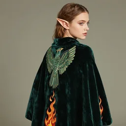 photograph of a beautiful elf girl wearing a Green velvet cape with embroidered crow wings and flames photographed in the style of Mario Testino