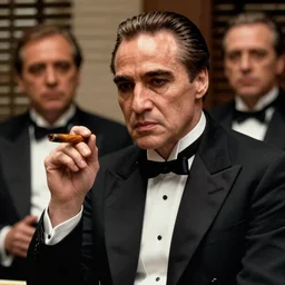detailed ultrarealistic medium shot photography of nicholas cage holding a tobacco as marlon brando in the godfather cinematic