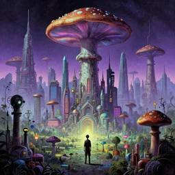 an alien mushroom city, synthwave, by ricardo bofill and chesley bonestell