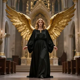 full length picture angel wearing black robe with gold wings in an elaborate cathedral, sharp focus, DOF, unreal engine, 8k, ultra detailed, photorealistic + sigma 105mm f2.8 macro