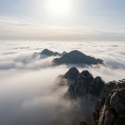 highly detailed photo of some mountain peaks emerge from the sea of clouds, sunlit sky, super wide angle, deep focus, reduce saturation, hyper realistic, concept art, 8 k detail post - processing