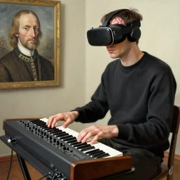 man wearing vr - brain - interface plays a modular synthesizer. painted by francis bacon, hieronymus bosch, giuseppe arcimboldo, albrecht durer digital art.